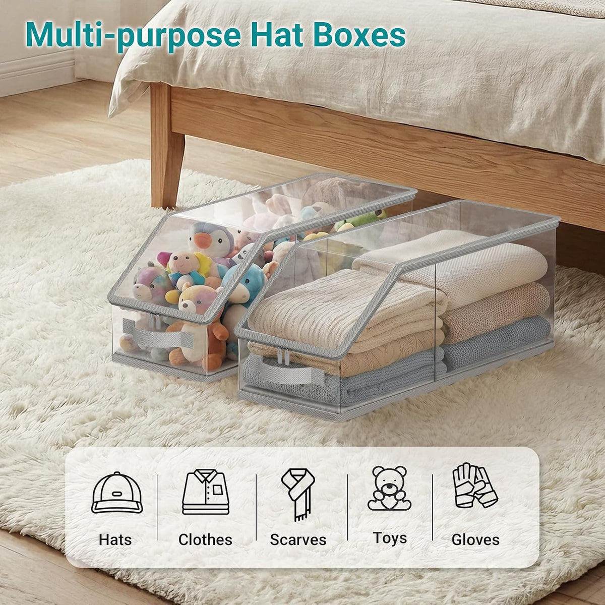 AOODA 2PCS Stackable Hat Storage for Baseball Caps, Clear Hat Organizer for Closet Holds up to 24 Caps, Men‘s Hat Box Display with Cardboard (Grey)