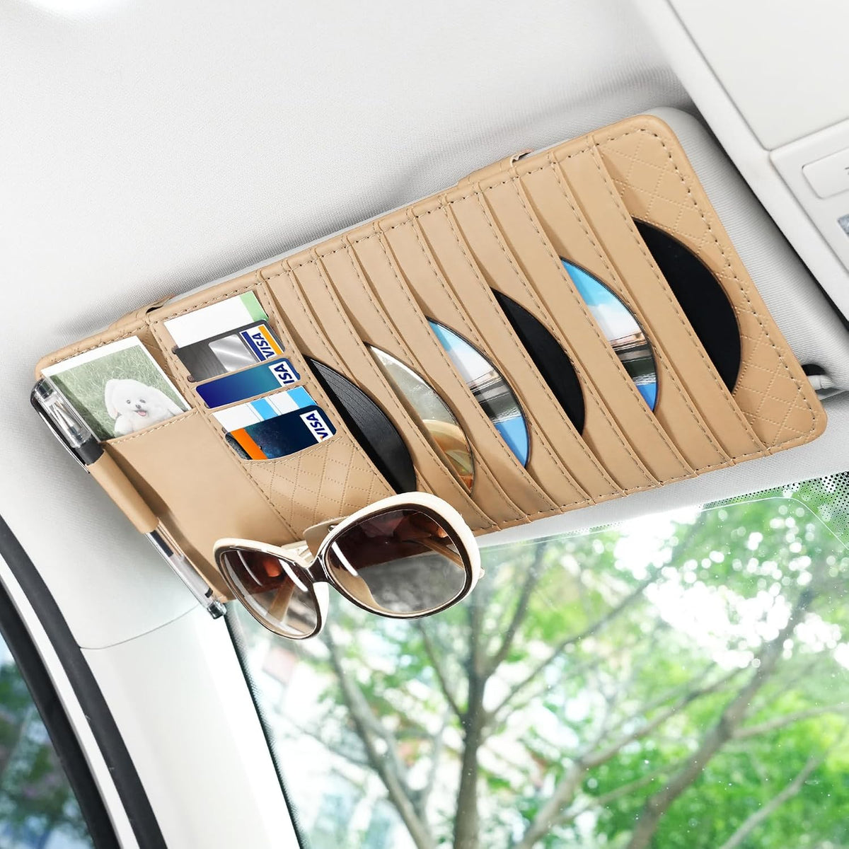 alpmosn Sun Visor CD Case Holder for Car - Multi-Function Visor Organizer with CD/DVD Storage, Eyeglass Clip, Card Slots & Pen Holder, Durable Leather Car Accessories (Black)