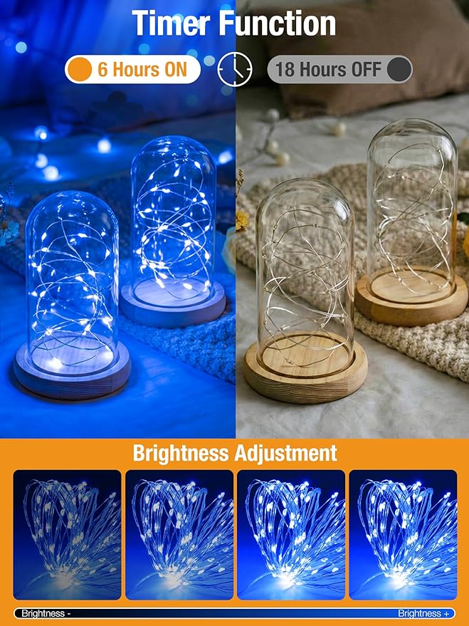btfarm 4 Pack Fairy Lights Battery Operated with Timer, 16.4 FT 50 LED Silver Wire Twinkle String Lights 8 Modes Dimmable Waterproof for Indoor Christmas Bedroom Wedding Decorations, Blue