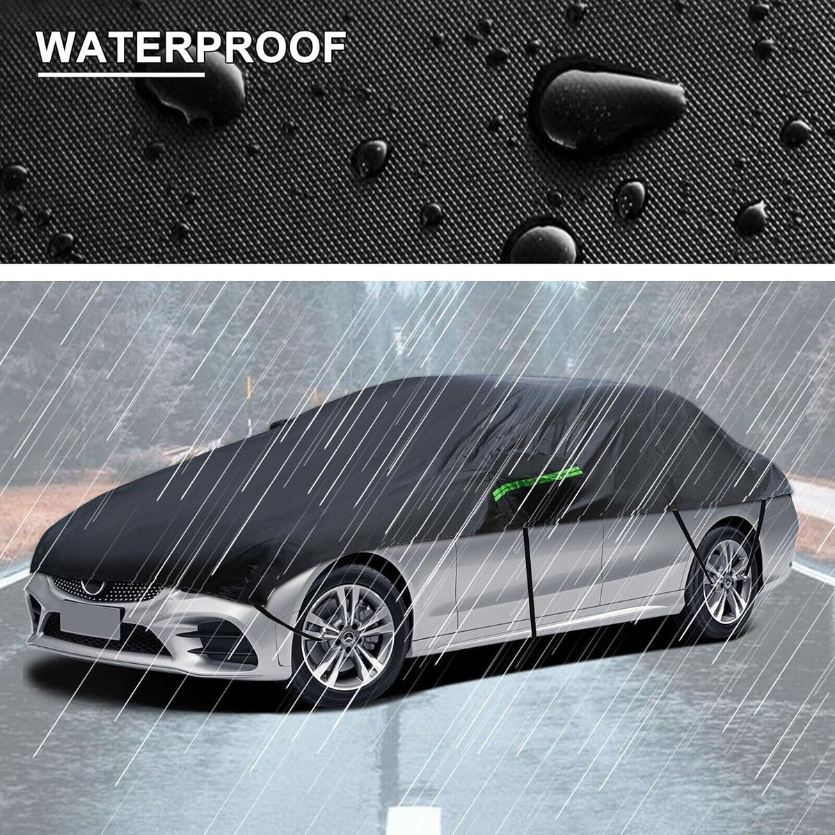 Universal Half Car Cover Waterproof All Weather, Black Car Covers for Automobiles Outdoor Indoor for All Season Waterproof Dustproof Uv Resistant Snowproof Fit for Sedan