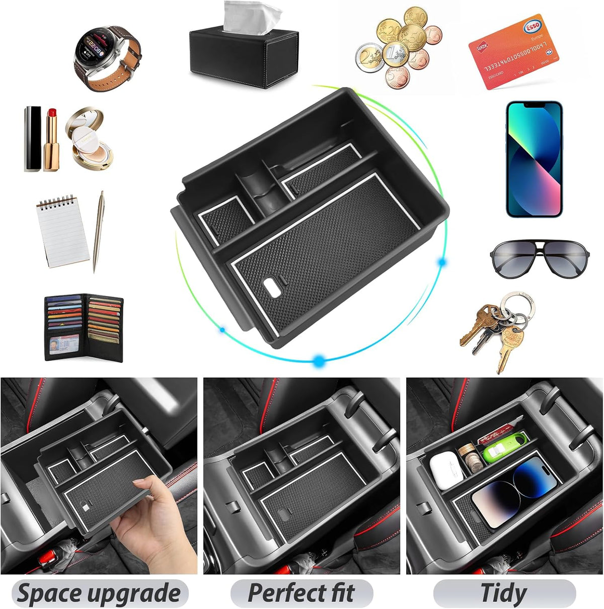 SKTU for 2025 2026 Hyundai Tucson Center Console Organizer for 2025 2026 Hyundai Tucson (SE/SEL/XRT) Console Tray 2025 2026 Tucson Accessories Insert ABS Armrest Storage Box with Coin Holder (White)
