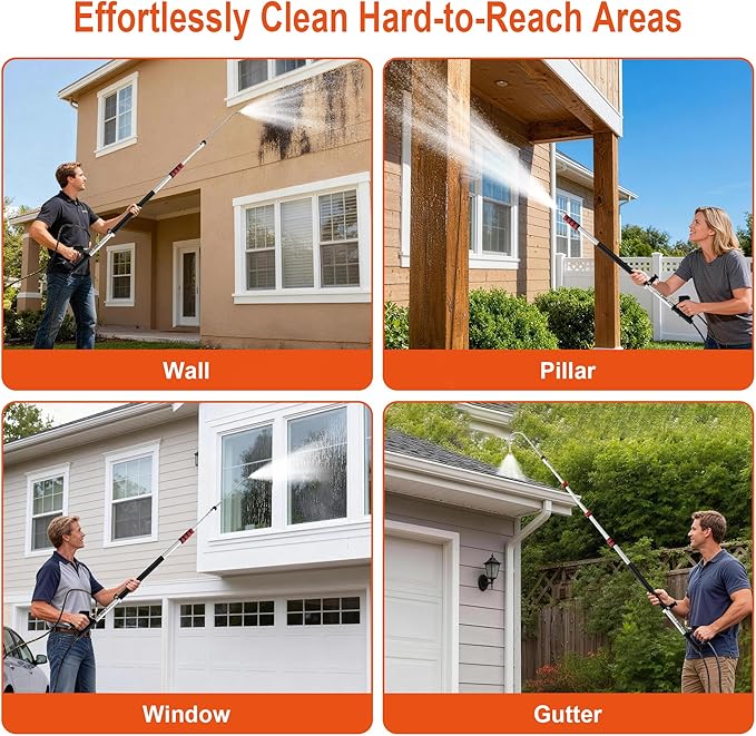 Telescoping Pressure Washer Wand 24 ft Pressure Washer Extension Wand 24 Feet Power Washer Extension Wand Aluminum with Brush Head,Gutter Cleaner, 5 Spray Nozzle Tips, 2 Hose Adapters, Support Belt