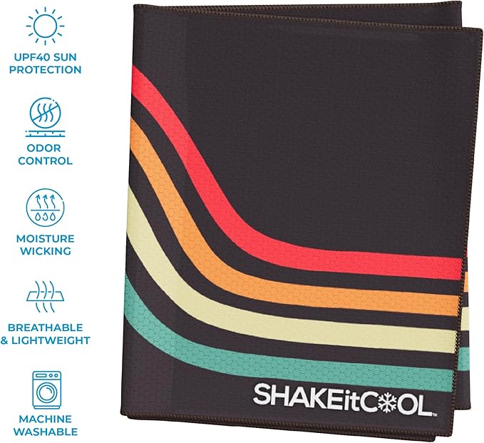 SHAKEitCOOL Extended Size Cooling Towel – Be Cool in Style - Heat Relief, Soft, Lightweight, Sun Protection, Easy Clean - Perfect for Biking, Hiking, Running, Yoga, Golf, Gardening - Retro Wave M