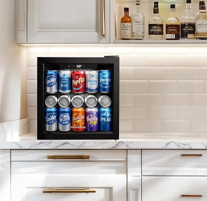 FRIGIDAIRE 12-Bottle Cooler, 1.2 Cu. Ft. Glass Door Beverage Refrigerator, Digital Display Mini Fridge with Touch Controls, Adjustable Shelves, LED Lighting & Quiet Compressor Cooling
