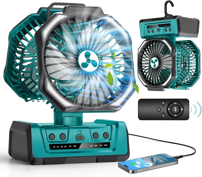 Dual Head Portable Rechargeable Fan 20000mAh Battery Powered Fan Camping Cordless with 360° Air Delivery, LED Lantern & Remote, Auto Oscillation, Battery Operated for Tent Office Travel Picnic Jobsite