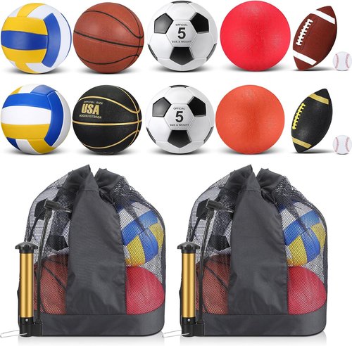 Deekin 12 Pcs Sport Ball Set - Official Size Basketball, Football, Volleyball & More | Includes Bag & Pump