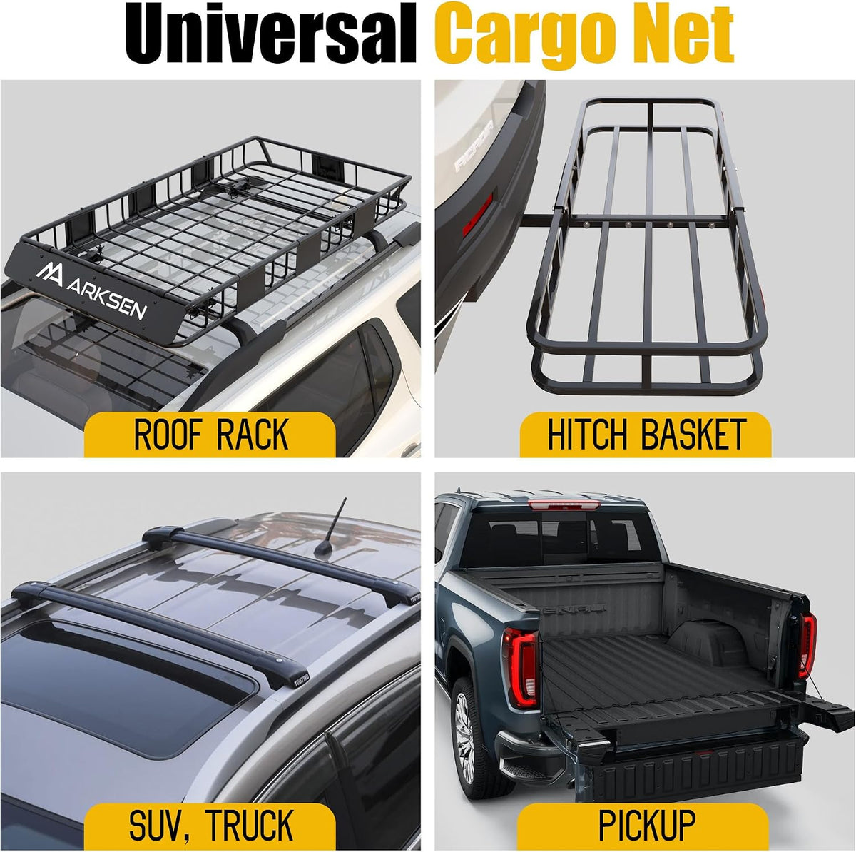 ARKSEN 51" x 19" Heavy Duty Tangle-Free Nylon Cargo Net(4.7" x 4.7" Mesh), Universal Bungee Net for Pickup, Trucks, SUV, Roof Racks, and Travel Luggage Racks