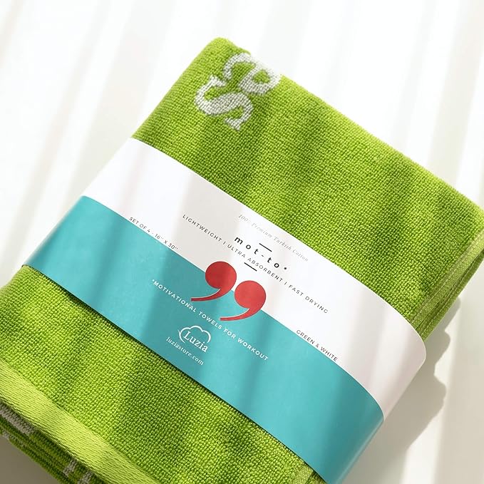 Luzia Workout Towels with Motivational Quotes for Sweat (Pack of 2) - mot-to Lightweight and Super Absorbent for Exercise, Workout, Fitness, Pickleball, Gym, Yoga, Running and Travel (Green)