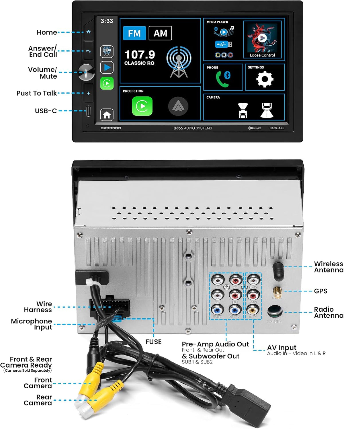 BOSS Audio Systems BV9358B Car Stereo – Wireless CarPlay Android Auto, Double Din, 7 Inch Touchscreen, Bluetooth, NO CD DVD Player, AM/FM Radio Receiver, A/V Input, USB