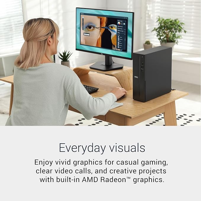 Dell Slim Desktop, AMD Ryzen 5 150, 16GB RAM, 512GB SSD, Windows 11 Home | AMD Radeon 660M, Wi-Fi 6, Bluetooth, Dell Wired Keyboard, McAfee+ Premium 30-day trial, Mail In Service 15-Month Warranty