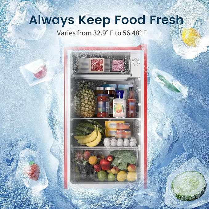 Mini Fridge with Freezer 3.2 Cu.Ft for Bedroom and Office Red | Single Door, Small Refrigerator, Energy-efficient, Low Noise, Mini fridge for Dorm
