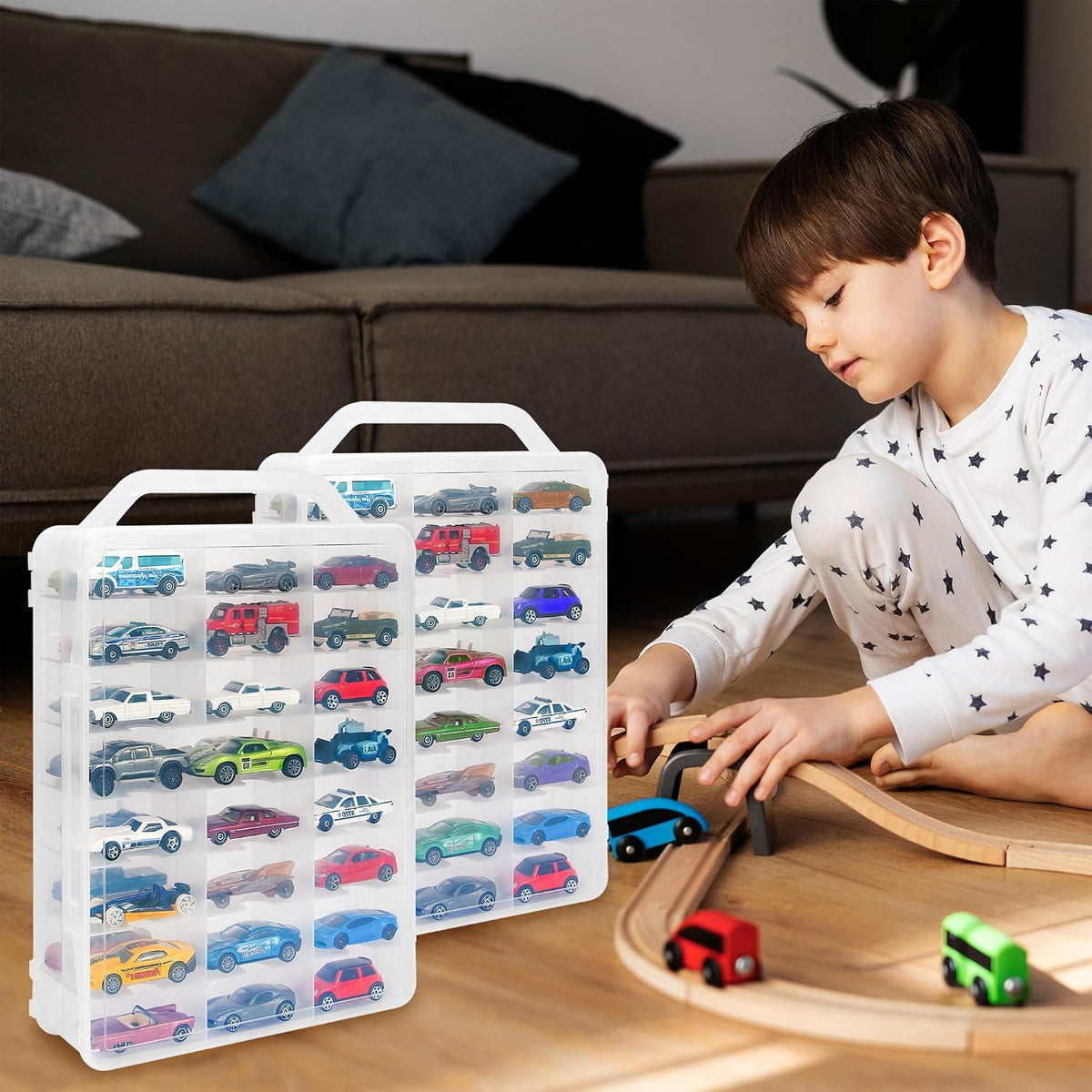 Double Sided Toy Car Storage Case for 48 Diecast Cars, Matchbox Cars, Small Dolls, Portable Storage Case for Toy Cars, Matchbox Cars with 46 Slots, Case Only