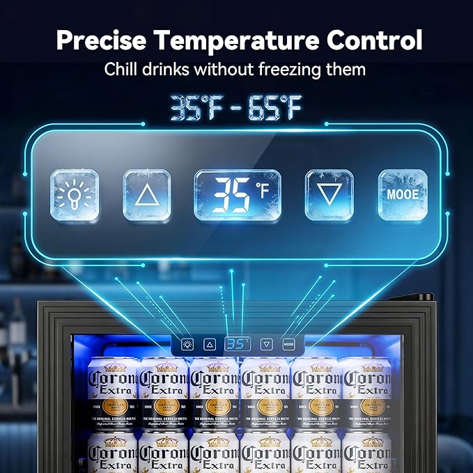 Beverage Refrigerator, 2.47 Cu.Ft Mini Fridge Beverage Cooler | Glass Door, 35–65°F Digital Temperature Display, Adjustable Shelves, Beverage Fridge for Soda, Beer & Wine