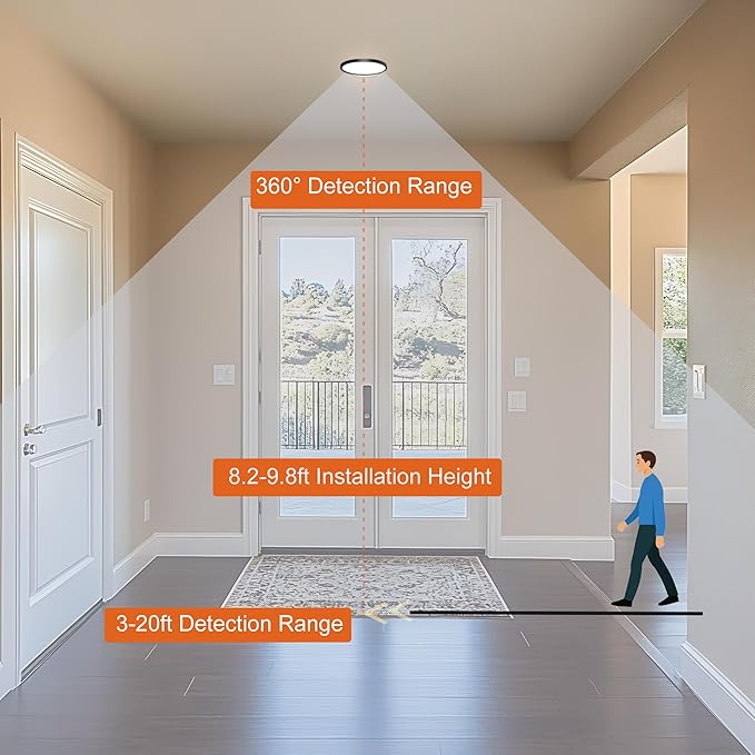 7 Inch Motion Activated Closet Light, Flush Mount Light Fixture, Motion Sensor Ceiling Light Wired for Hallway Porch Laundry Garage Basement, 3000k/4000k/6000k Black