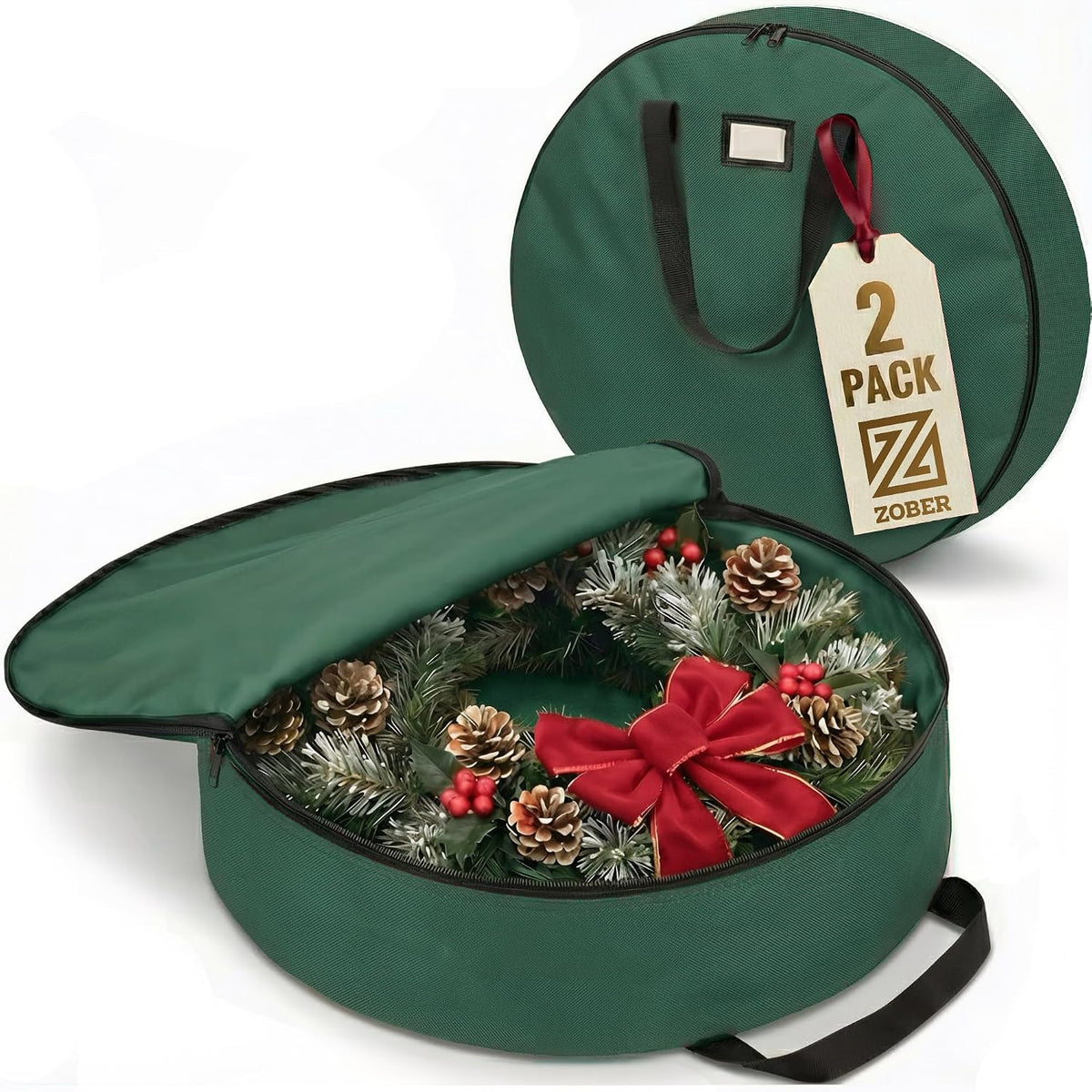 ZOBER 2 Pack Oxford Christmas Wreath Storage Container 30 Inch - Wreath Bag for Artificial Wreaths Box - Waterproof Fabric, Dual Zippered Wreaths Storage Bag With Strong Durable Handles - Black