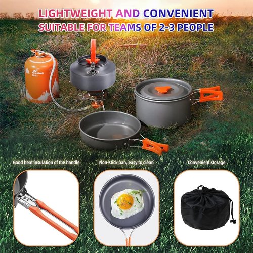 Camping Cooking Set Camp Cookware, Kitchen Pots and Pans Set - Backpacking Equipment Hiking Cooking Set - Portable 300ml + 150ml Water Cup with Handle - Carabiner - Dishcloth - 2 Folding Cutlery