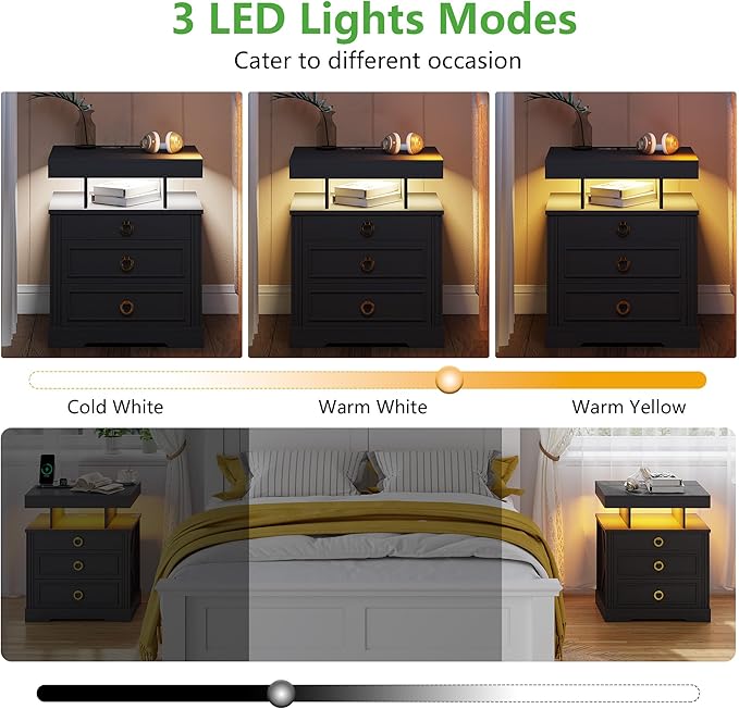 HNEBC Night Stand Set 2 with Gun Drawers, LED Farmhouse Nightstand with Charging Station, Smart End Table with 3 Colors Auto Lights, Bedside tabel with Hidden Compartment,Bedroom Set-Black
