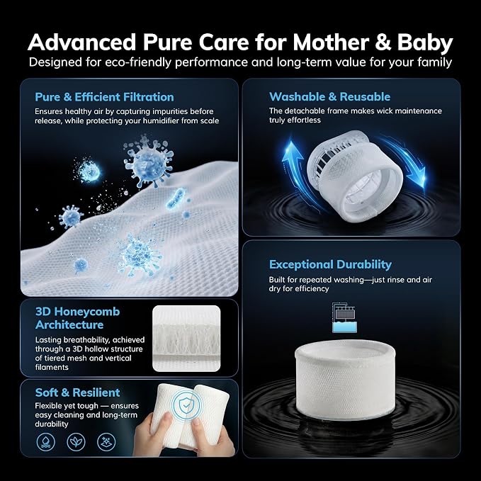 No White Dust Evaporative Tech, AEOCKY Mist-Free Humidifier for Baby, 4.5L with Self-Clean & Dry Filter Mode, Timer, Sleep, Auto Mode for Bedroom, Home, Nursery