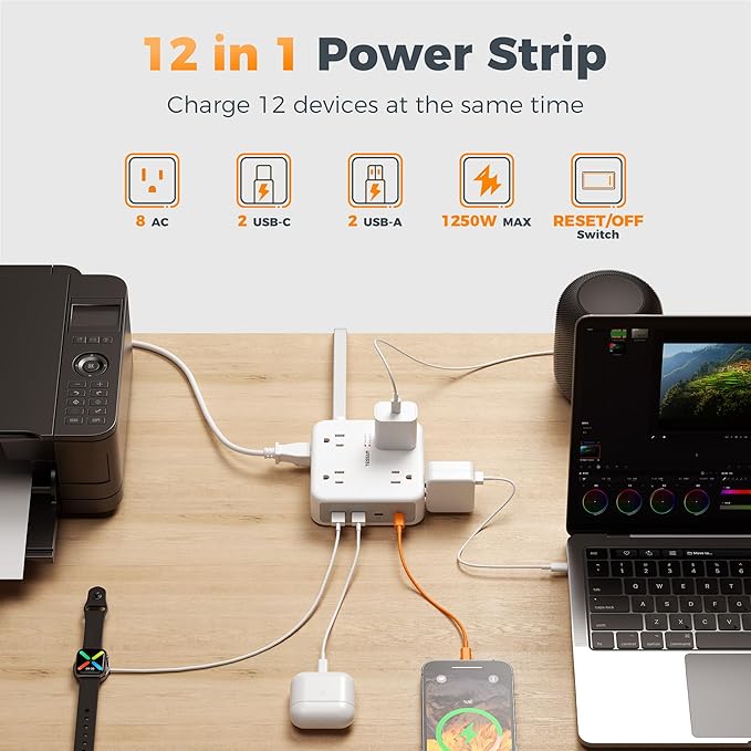 TESSAN Dual Surge Protector Power Strip, 15 Ft Extension Cord Flat Wall Plug with 4 USB (2 USB C) 8 Outlets, 2100J Surge Protection, 20W Multiple Charging Station for Home, Office, Dorm Room, Grey
