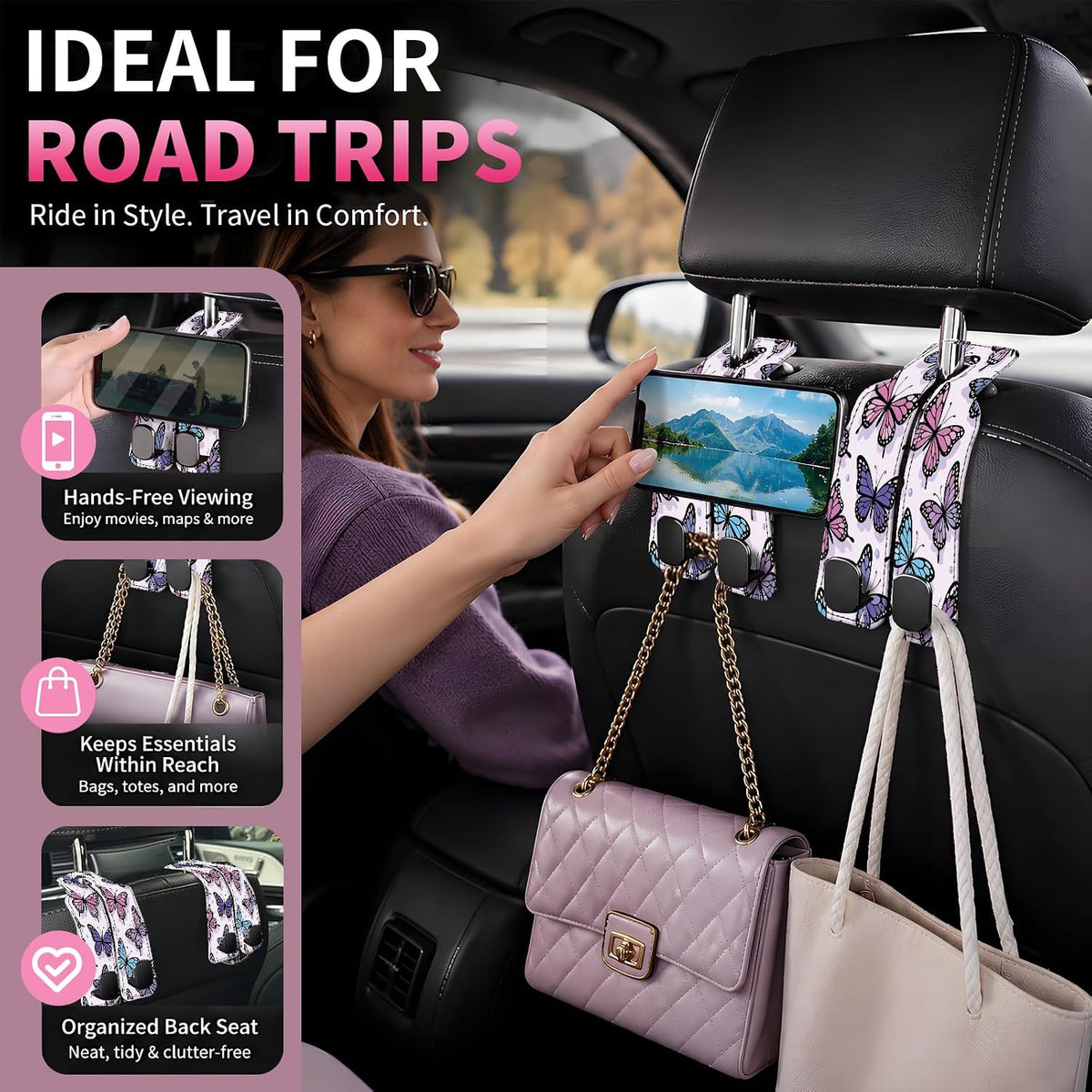 Car Seat Back Storage Hook, Funny Car Purse Hook, Cute Vehicle Storage Organizer for Purses Handbags Purple Pastel Butterfly