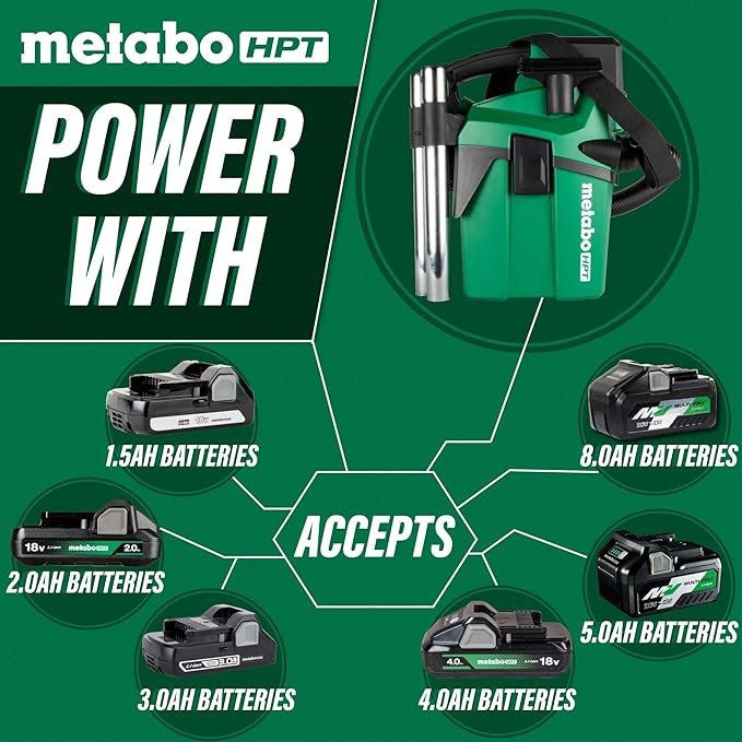 Metabo HPT 18V Cordless Wet/Dry Vacuum, 1.6 Gallon HEPA Filter Vacuum, Powerful 74 CFM Airflow, 8 ft. of Stretchable Hose, Eco and Boost Modes, Lightweight Design, Tool Body Only, RP18DAQ4