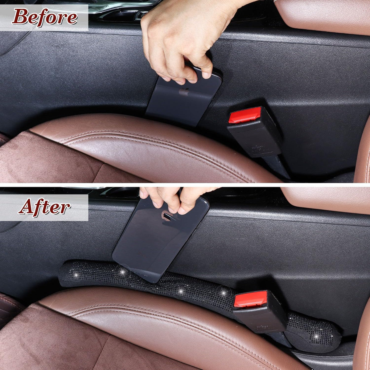 ToBeQueen Car Seat Gap Filler Black, Bling Car Accessories for Women Universal Fit for Car Truck SUV, 2 Pack Handmade Crystal Rhinestone Diamond Seat Gap Blocker Stop Things from Dropping(Black)