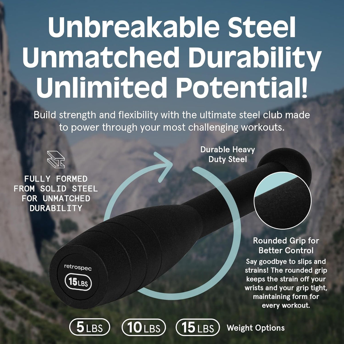 Retrospec Grip Steel Club - Versatile Strength Training Tool for Rehabilitation | 5, 10, 15lb Options