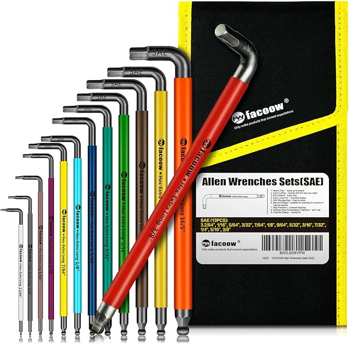 Allen Wrenches Sets, 13pcs Full Size SAE Hex Key Set with Tool Organizer Bag, Heavy Duty Extra Long Arm, Ball End, Color Coded Premium