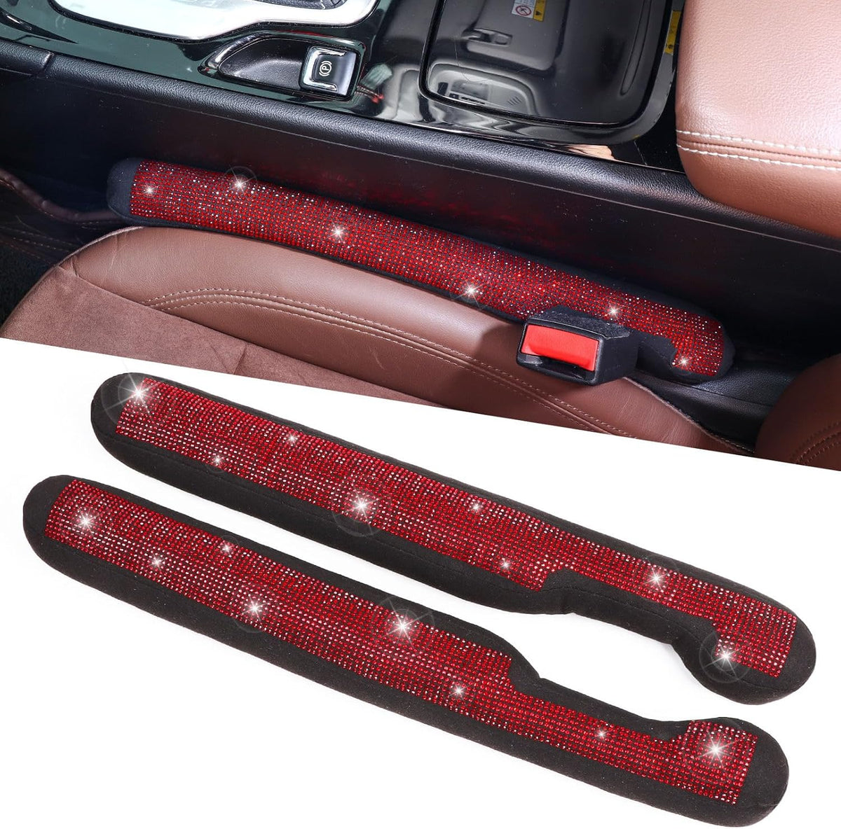 ToBeQueen Car Seat Gap Filler Black, Bling Car Accessories for Women Universal Fit for Car Truck SUV, 2 Pack Handmade Crystal Rhinestone Diamond Seat Gap Blocker Stop Things from Dropping(Black)