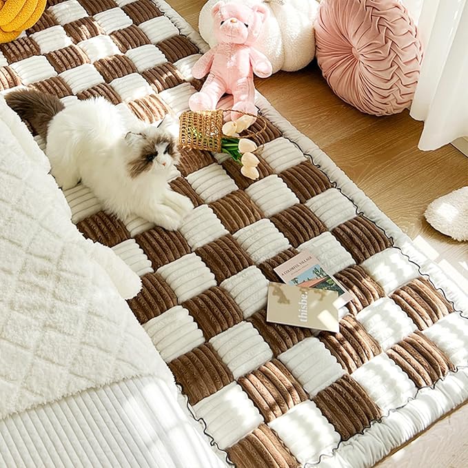 FunnyFuzzy Cream-Coloured Plaid Square Pet Mat Bed Couch Cover, Winter Thickened Dog Bed Cover Pet Blanket Sofa Couch Furniture Protector For Kids Dog Cat(Size:27.6*59.06 in,Color:Dark Brown)
