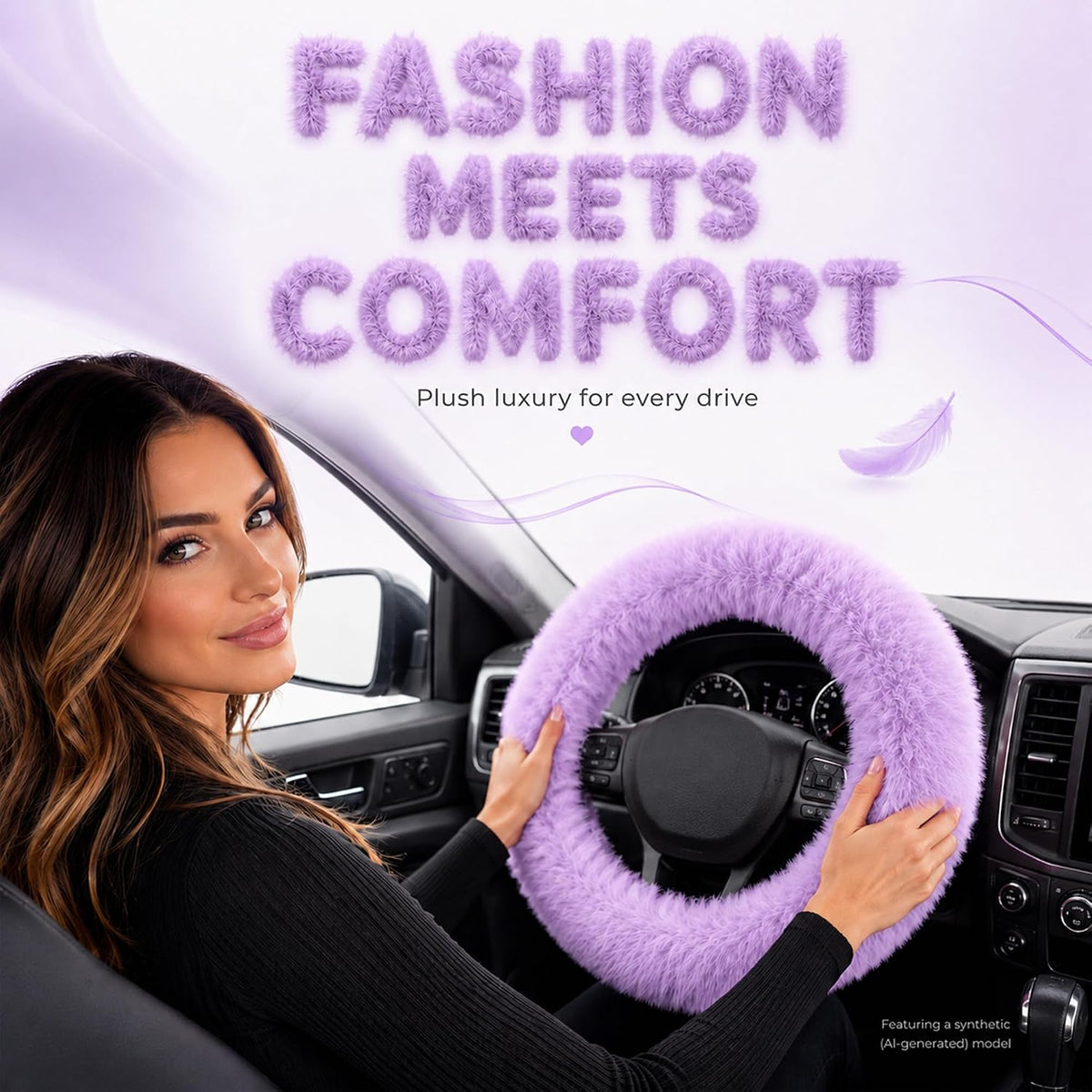 Road Comforts Steering Wheel Cover, Fluffy Car Wheel Covers for Women/Girls/Ladies，Soft Wool Fur Steering Wheel Protector, Universal 14 1/2 inches to 15 inches - Purple