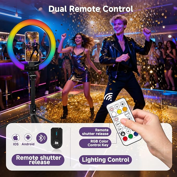 10" Ring Light with Stand 74'' Tall & Phone Holder, RGB Full Color Modes Selfie
