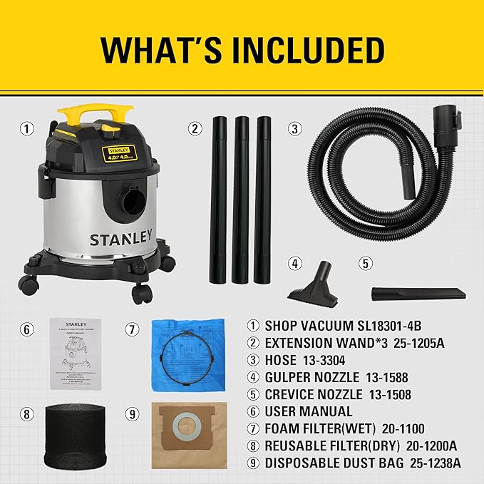 STANLEY 4 Gallon Wet Dry Vacuum, 4 Peak HP Stainless Steel 3 in 1 Shop Vacuum Blower with Powerful Suction, Vacuum for Job Site, Garage, Basement, Workshop, Top Handle, Portable Wet Dry Vac SL18301-4B