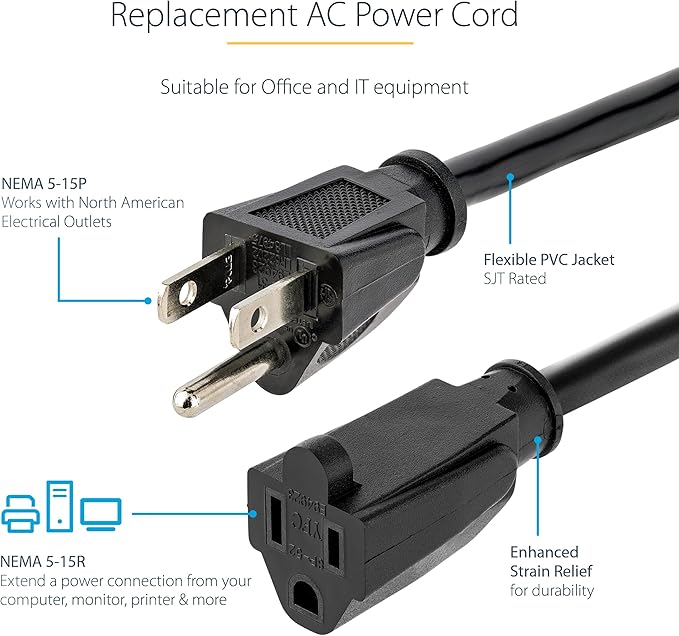 StarTech.com 6ft (1.8m) Heavy Duty Extension Cord, NEMA 5-15R to NEMA 5-15P Black Extension Cord, 15A 125V, 14AWG, Heavy Gauge Power Extension Cable, Heavy Duty AC Power Cord, UL Listed (PAC101146)