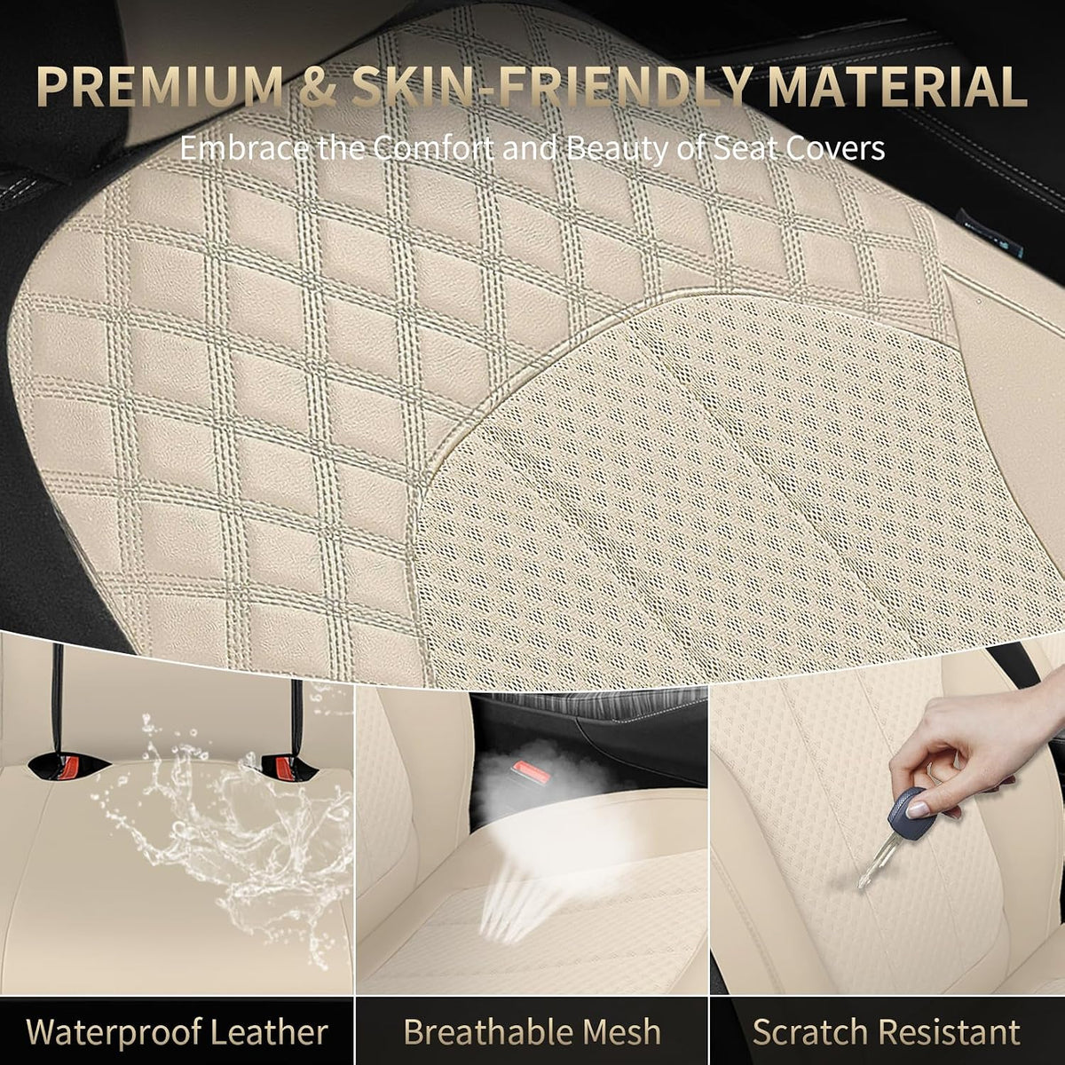 FLORICH Front Seat Covers Leather & Mesh Automotive Seat Protectors 2 Pack Breathable Car Seat Cover Spill-Proof Auto Seat Covers Cushion Universal Fit for Most Car SUV Sedan Truck, Beige