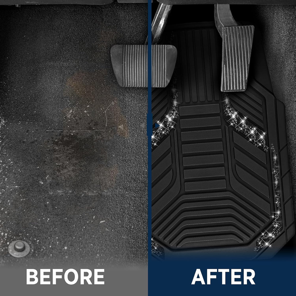 PIC AUTO Car Floor Mats, Black Sparkly Crystal Bling Glitter Car Mats Set, Front and Rear Heavy Duty Rubber Car Mats with Anti-Slip Backing, All Weather, Trim-to-Fit for Automotive SUVs, Sedan, Vans