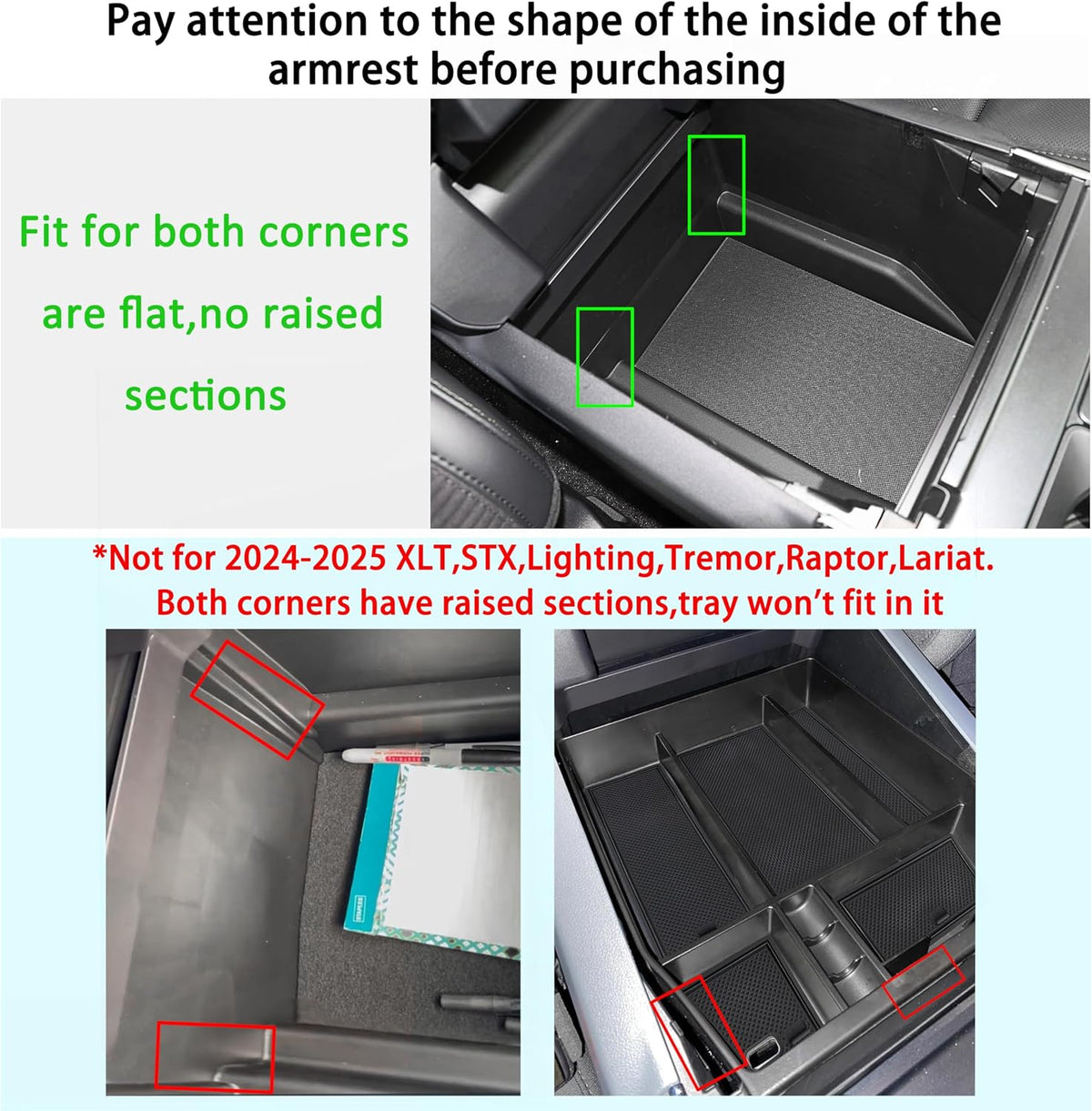 Center Console Organizer Tray for Ford F150 2021 2022 2023 2024 Accessories Interior Secondary Storage Armrest Box Insert Hidden Cubby Drawer (Full Console w/Bucket Seats ONLY) (Black Trim)