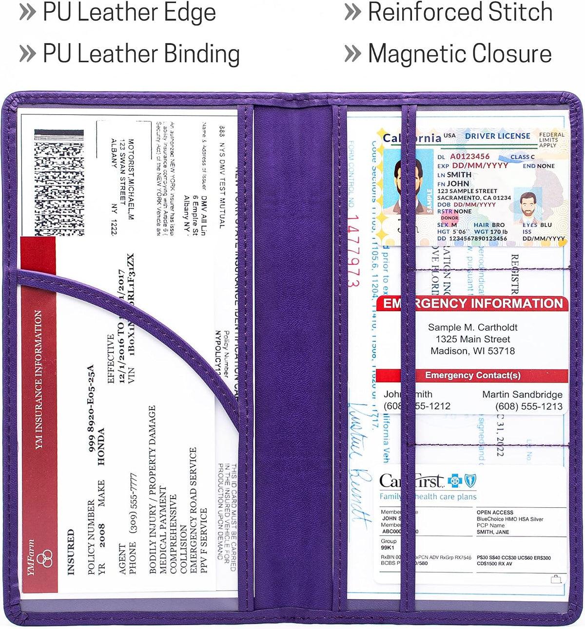 CANOPUS Car Registration and Insurance Holder, PU Leather Card Holder, Vehicle Glove Box Organizer for Auto, SUV, Truck, Purple