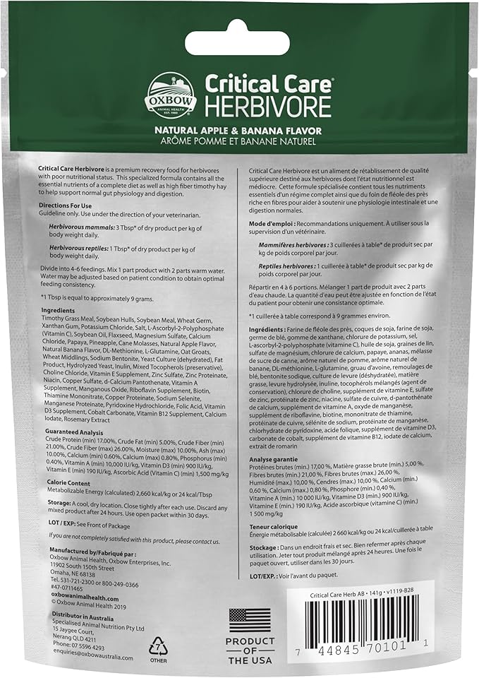 Oxbow Critical Care Herbivore, Emergency Guinea Pig Food, Rabbit Food for Recovery, Natural Apple Banana Flavor, Veterinary Formula, Critical Care for Guinea Pig Emergency Kit, Made in USA, 141 Grams