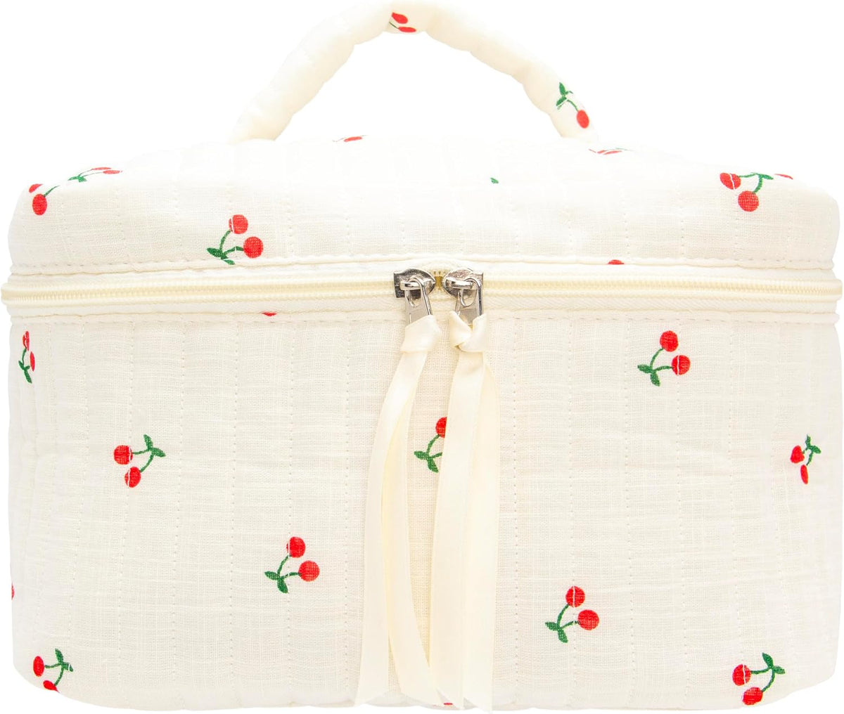 Quilted Makeup Bag for Women, Travel Cosmetic&Toiletry Bag,Cherry Beige