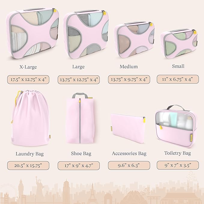 Shacke Premium 8 Packing Cubes Set - Lightweight Mesh Travel Luggage Organizers with Laundry Bag, 8-Piece Suitcase Storage System (Petal Pink)