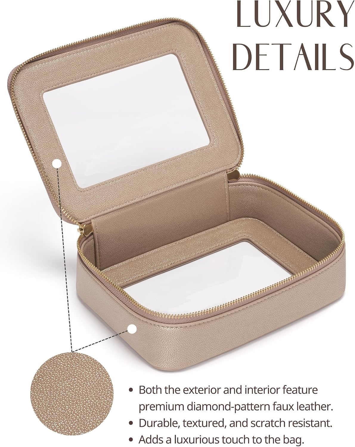 Popvibe Clear Makeup Bag Travel Cosmetic Case Transparent Toiletry Bag with Zipper, Portable Make Up Organizer Traveling Compact Car Bag for Essentials, Gold, Medium