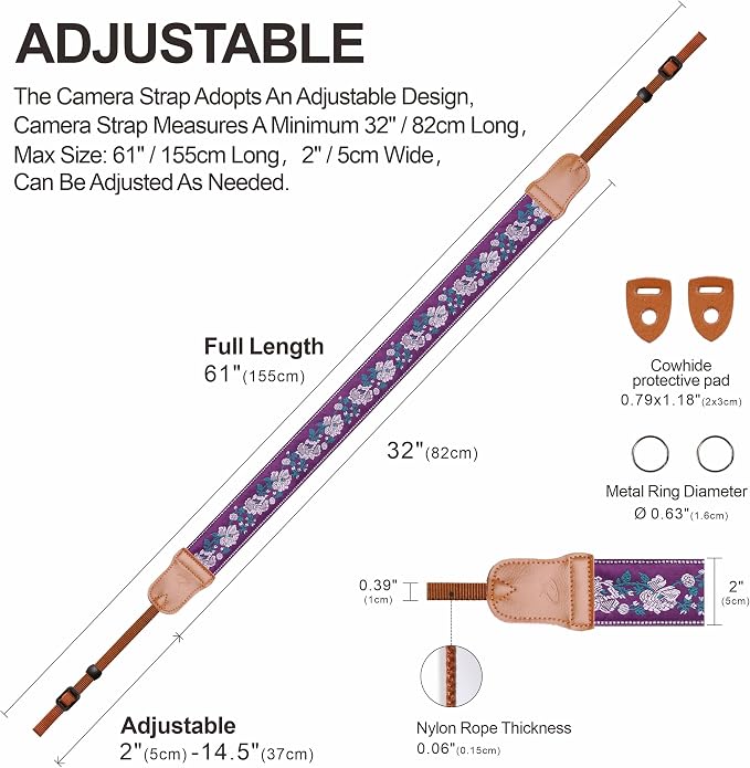 Padwa Lifestyle Purple Flowers Embroidered Camera Strap