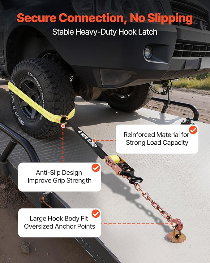 VEVOR Wheel Chock Tie-Down Kit, Tire-Style Tow Dolly Strap, Car Tie Down Kit with Heavy-Duty Hook, Break Strength 10009 lbs & Working Load 3333 lbs Motorcycle System for ATV, SUV, Snowmobiles