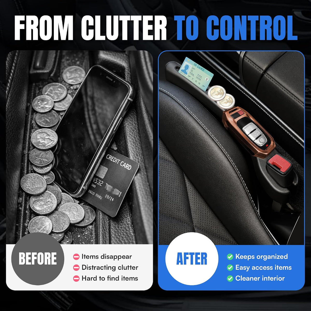 Car Seat Gap Filler 2 PCS, Durable PU Seat Gap Organizer, Prevents Phones, Keys, Coins & Cards from Falling Between Seats, Universal Fit for Cars, SUVs & Trucks