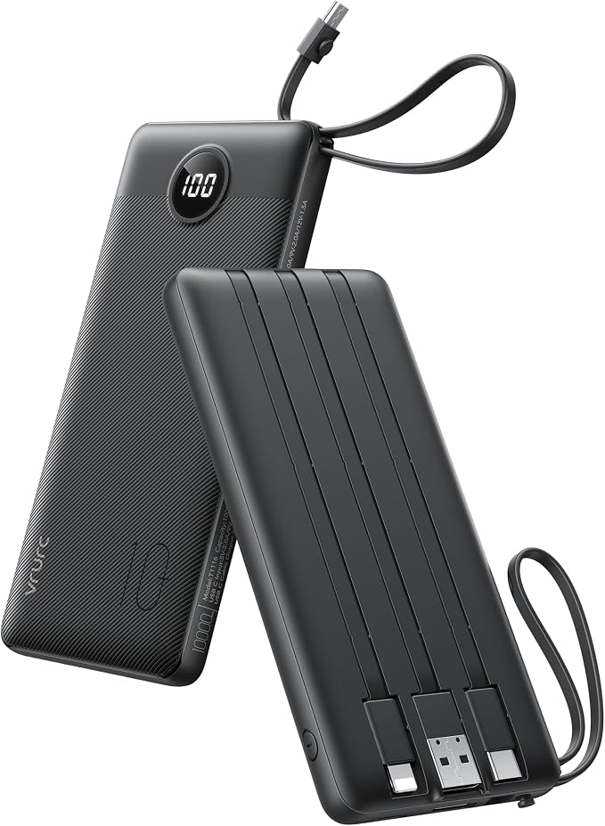 VRURC Portable Charger with Built in Cables, Slim Power Bank 10000mAh, USB C Travel Battery Pack, 5 Output 2 Input External Charging Bank for iPhone 17 16 15 14 13,Samsung,Android-Black(1 Pack)