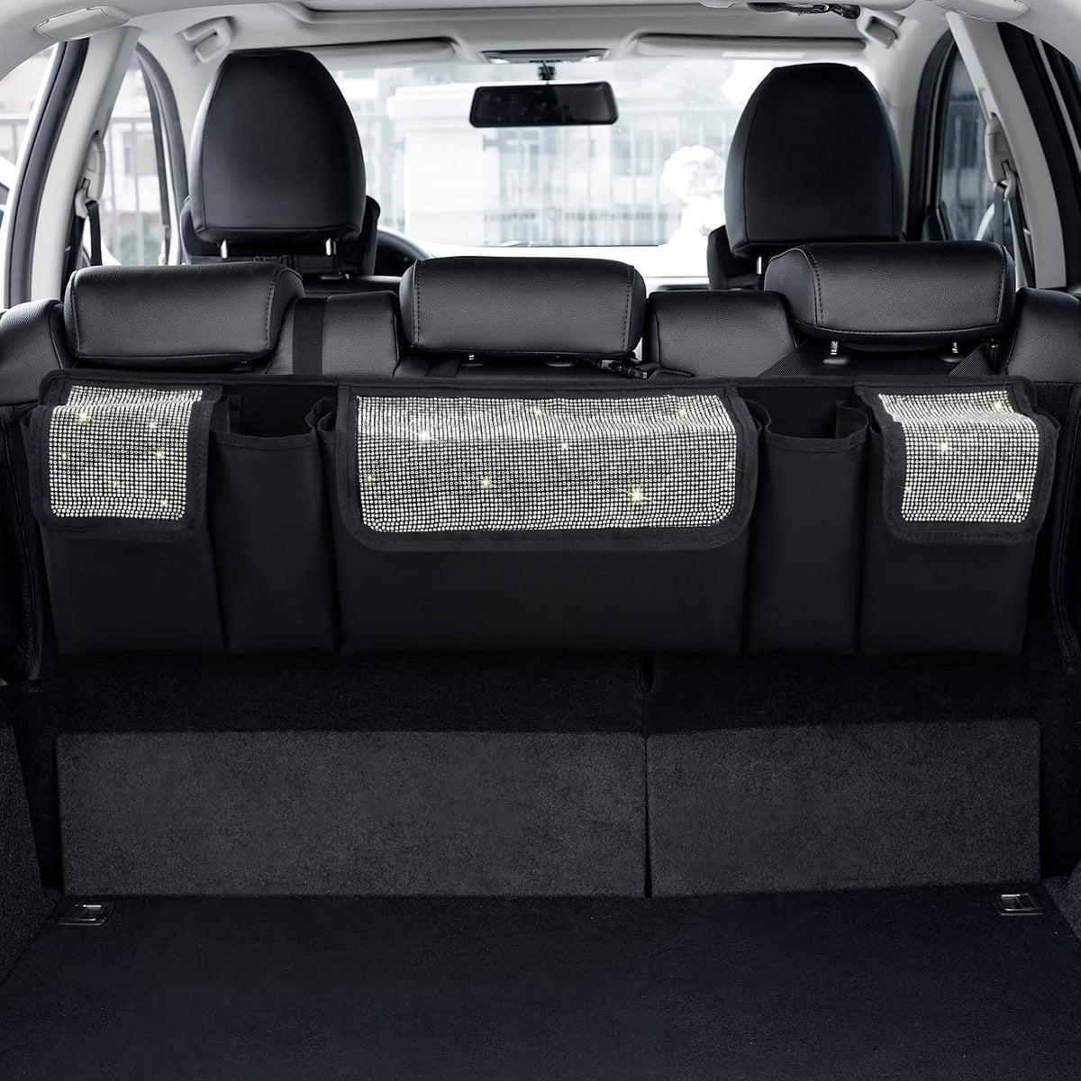 eing Car Trunk Organizer and Storage, Backseat Hanging Organizer for SUV, Truck, MPV, Waterproof, Collapsible Cargo Storage Bag with 5 Pockets, Bling Car Interior Accessories for Women,Red