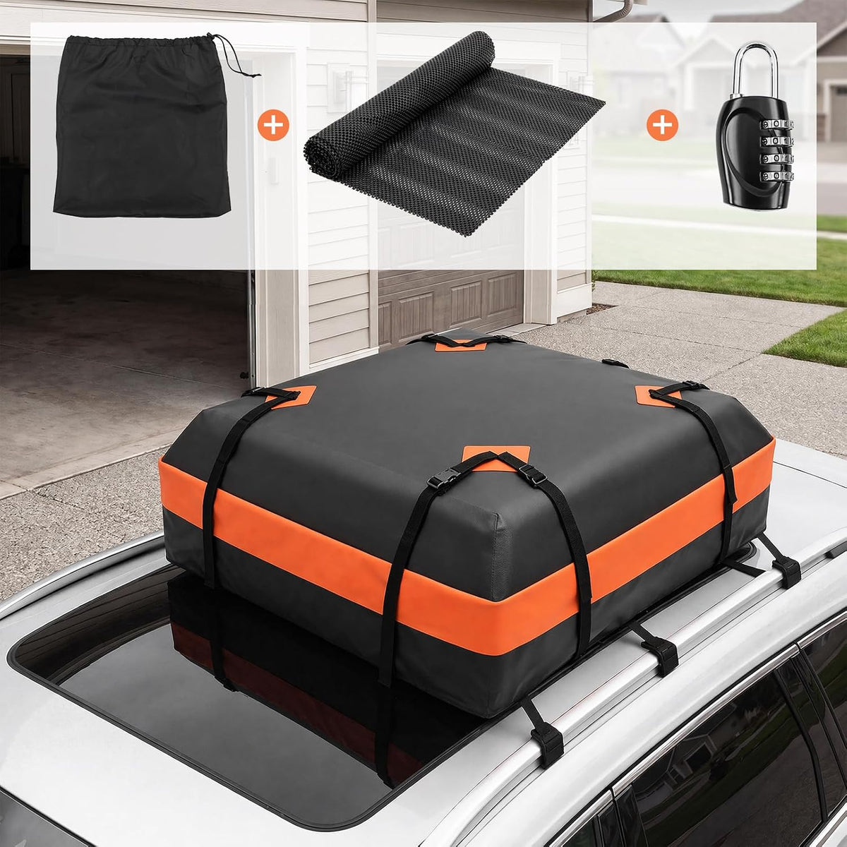 15 Cubic Feet Heavy Duty Waterproof Car Rooftop Cargo Carrier Bag | for All Vehicles with/without Rack, Includes Anti-Slip Mat, Reinforced Straps, Door Hooks, Storage &amp; Luggage Lock