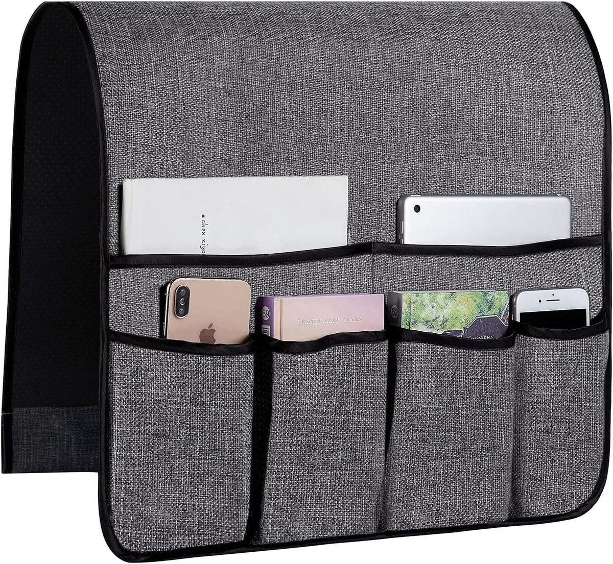 Sofa Armrest Organizer Non-Slip Arm Chair Hanging Caddy Remote Control Holder for Magazine,Tablet, Phone, Books, Glasses (B-Grey(19'')