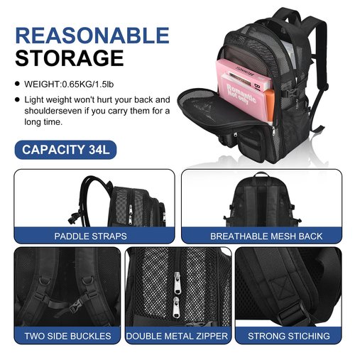 Jeluno Heavy Duty Mesh Backpack for School, Lightweight Black Book Backpack for Beach,Travel(Black)